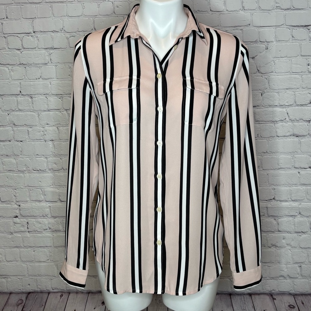 Loft Blush Pink, Black, and White Striped Button Down Top Size S
